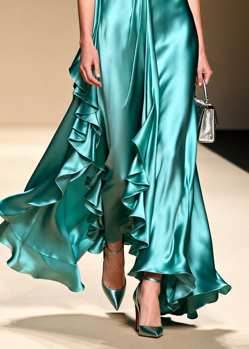 French Green Ruffled Asymmetrical Design Exra Large Hem Silk Holiday Dress Summer