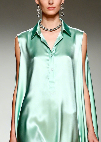 French Green Ruffled Oversized Draping Silk Holiday Dress Summer