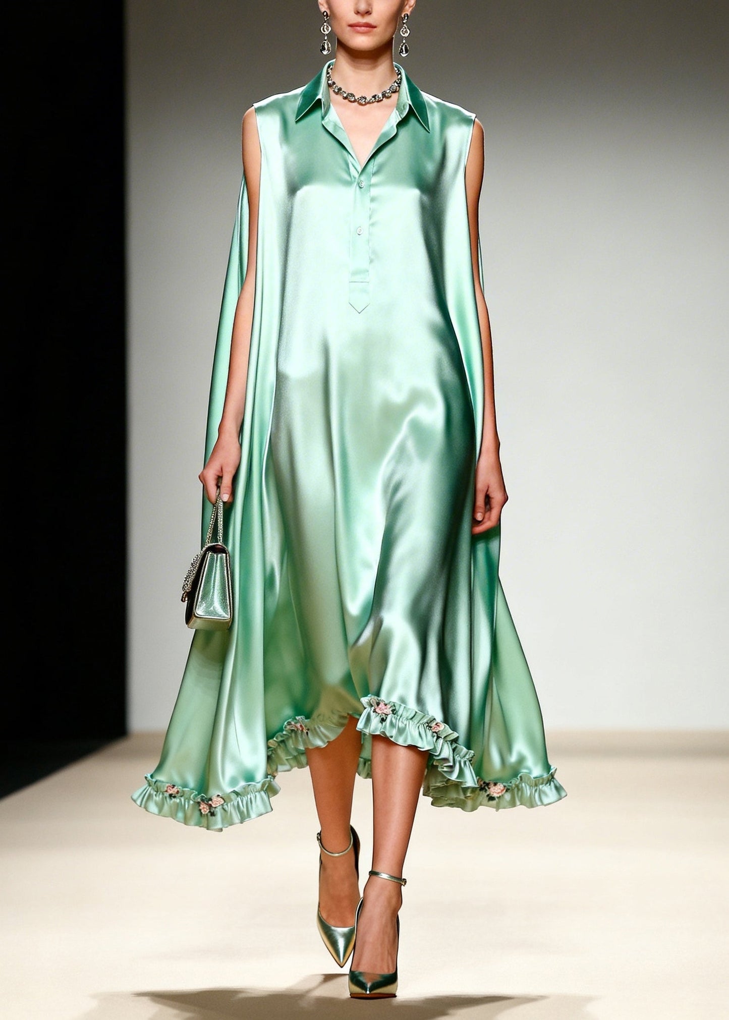 French Green Ruffled Oversized Draping Silk Holiday Dress Summer