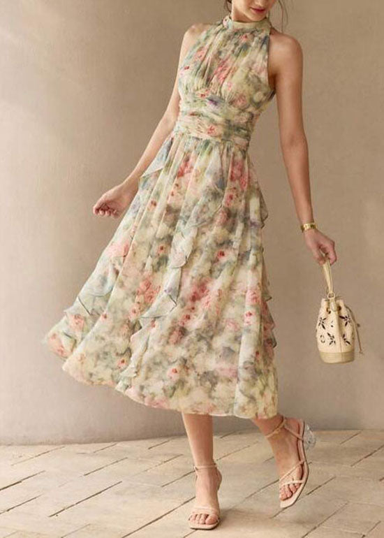 French Green Ruffled Print Chiffon Dresses Sleeveless