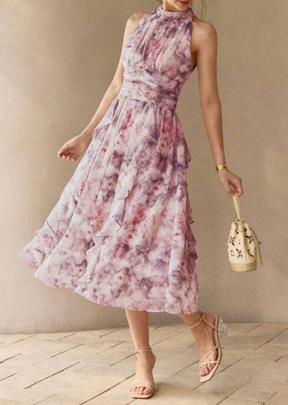 French Green Ruffled Print Chiffon Dresses Sleeveless