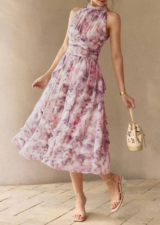 French Green Ruffled Print Chiffon Dresses Sleeveless