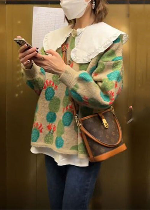 French Green Sweaters and White Blouses Cotton Knit Two Piece Set Spring