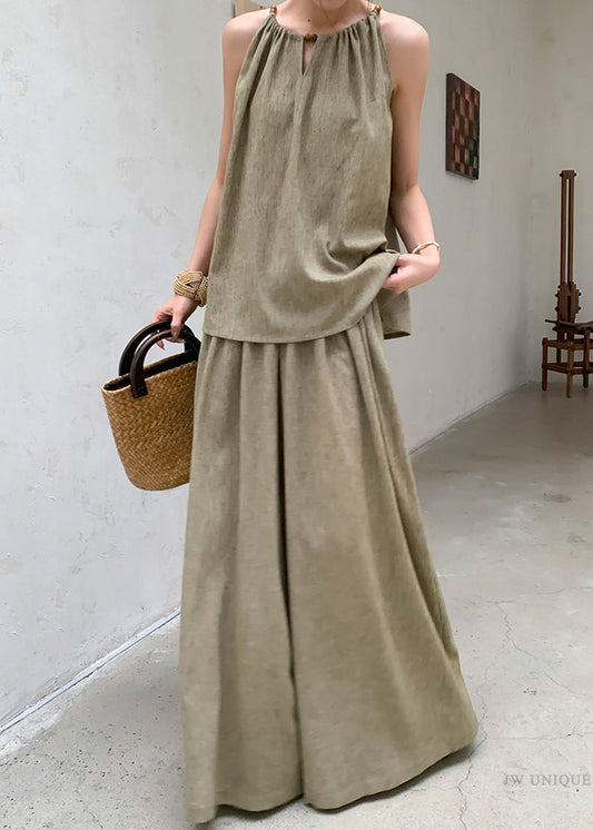 French Green Tops and Pants Linen Two Pieces Set Sleeveless