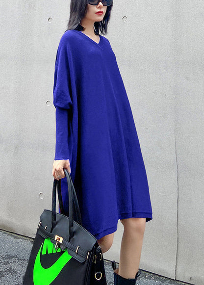 French Green V Neck Patchwork Fall Knitwear Dress
