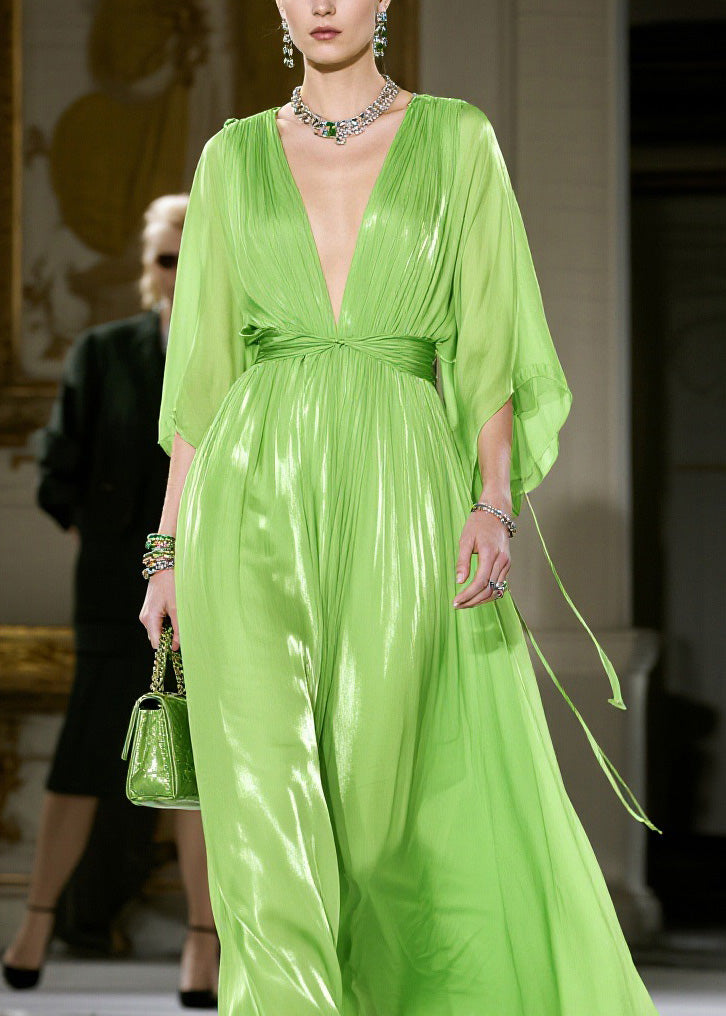 French Green V Neck Wrinkled Chiffon Dress Summer