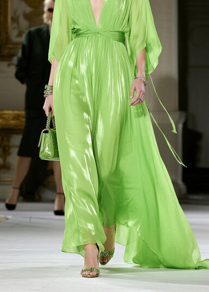 French Green V Neck Wrinkled Chiffon Dress Summer
