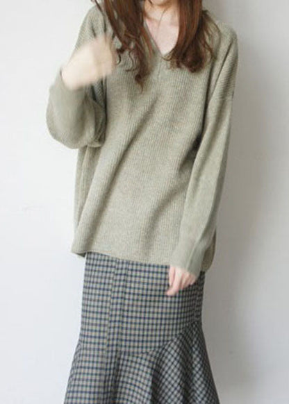 French Green V Neck Cozy Woolen Knit Top Winter