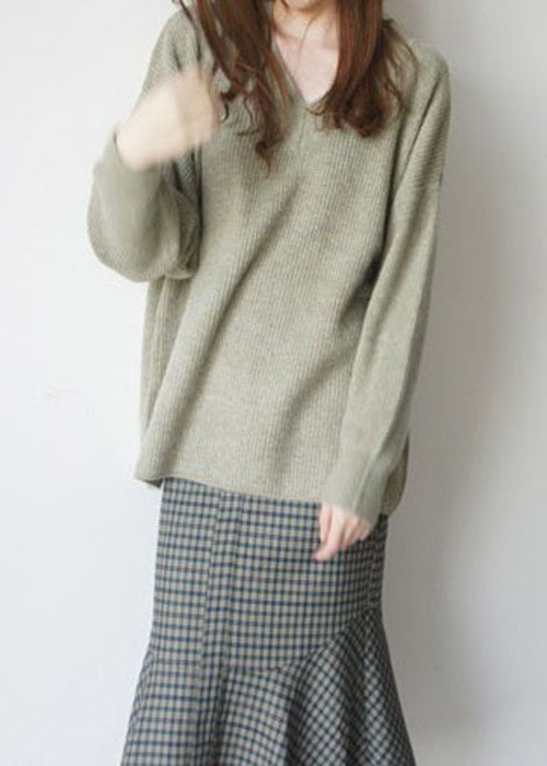 French Green V Neck Cozy Woolen Knit Top Winter