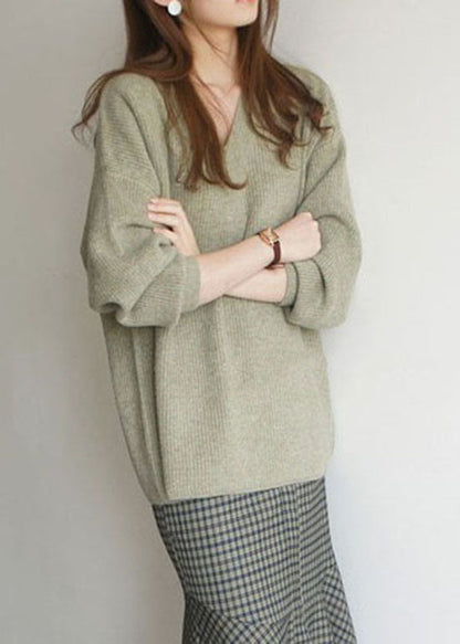French Green V Neck Cozy Woolen Knit Top Winter