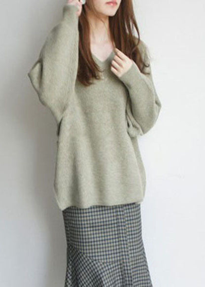 French Green V Neck Cozy Woolen Knit Top Winter