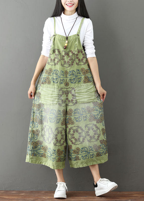 French Green Pockets Print Wide Leg Jumpsuit Spring