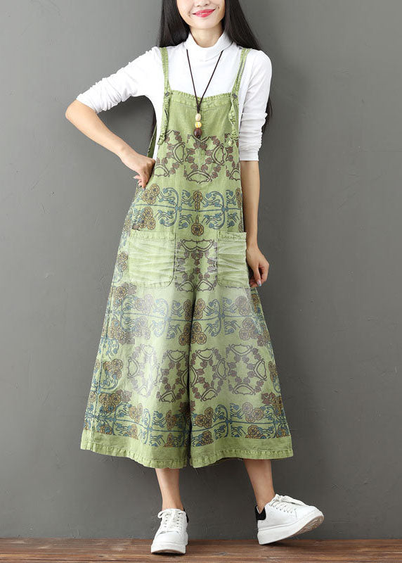 French Green Pockets Print Wide Leg Jumpsuit Spring