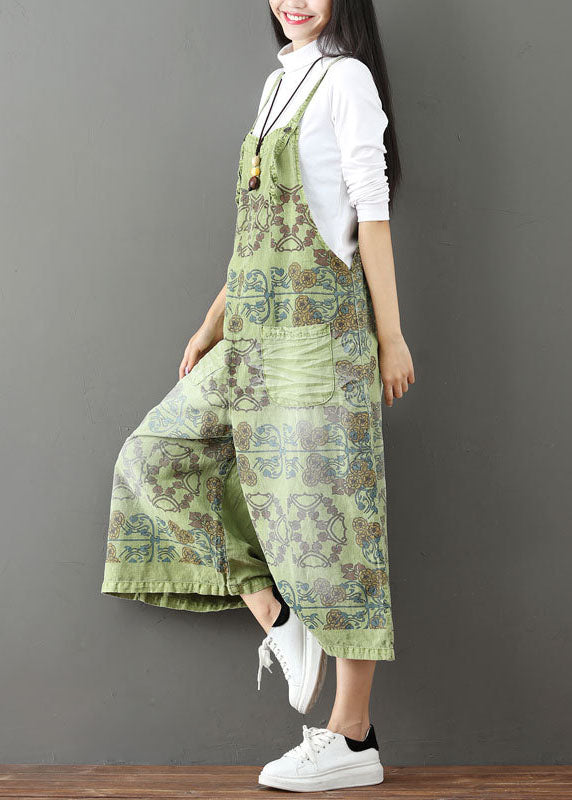 French Green Pockets Print Wide Leg Jumpsuit Spring