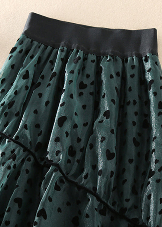French Green Wrinkled Patchwork Tulle Skirt Spring