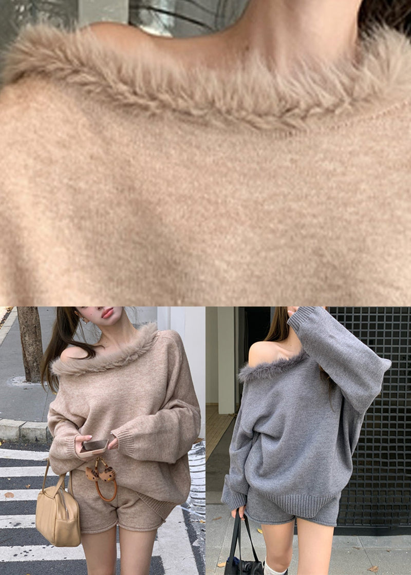 French Grey Fur Collar Cotton Knit Sweaters and Shorts Two Piece Set Spring