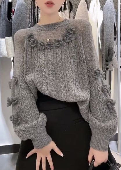 French Grey O Neck Knit Sweaters Spring