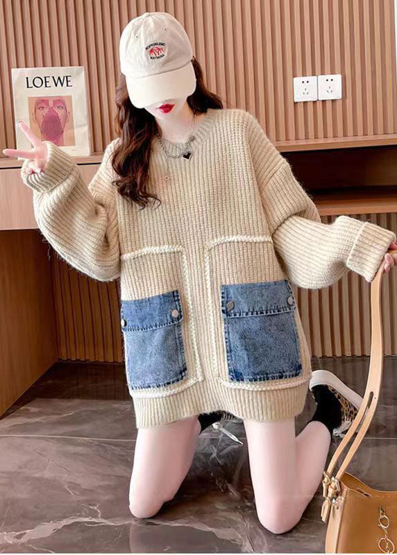 French Grey O-neck Oversized Lazy Patchwork Pockets Knit Sweater Tops Winter