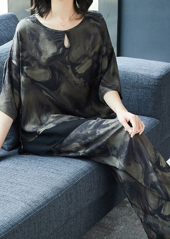French Grey O-neck Print Tops and Pants Silk Two Pieces Set Summer