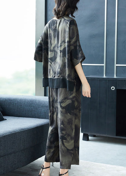 French Grey O-neck Print Tops and Pants Silk Two Pieces Set Summer