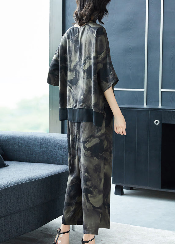 French Grey O-neck Print Tops and Pants Silk Two Pieces Set Summer