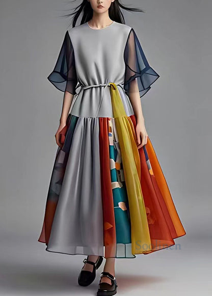 French Grey O-neck Print Wrinkled Chiffon Long Dress Summer