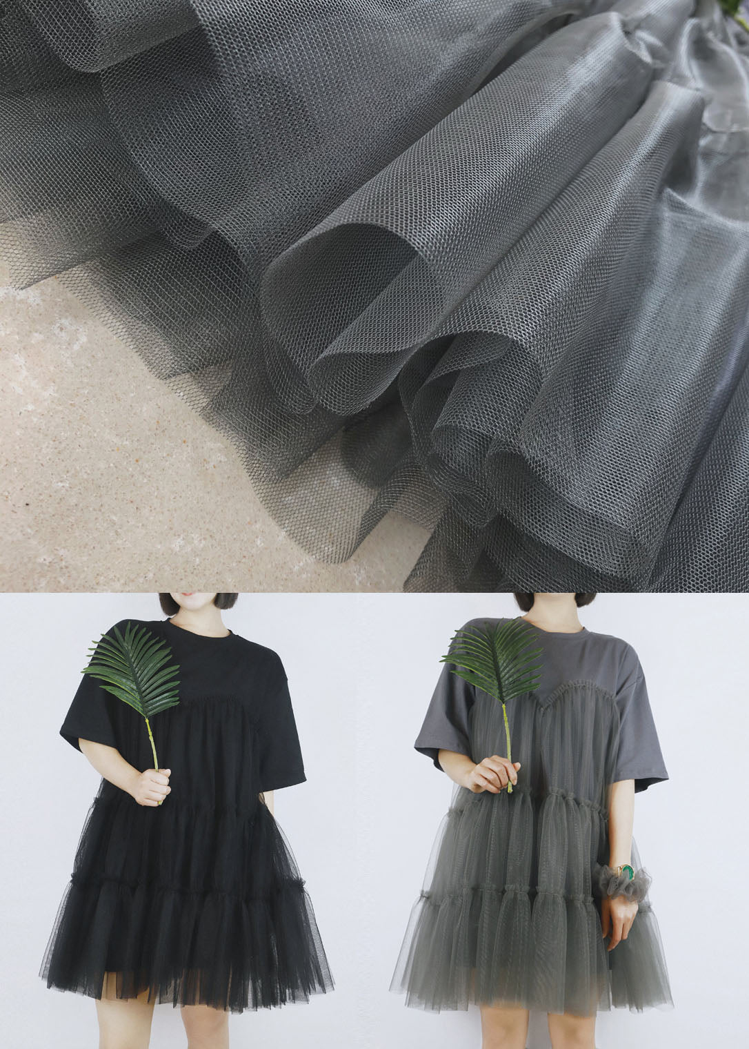 French Grey O-neck Tulle Patchwork Cotton Robe Dresses Short Sleeve