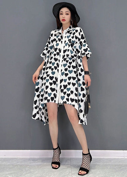 French Grey Peter Pan Collar Asymmetrical Design Heart-shaped Print Chiffon Shirt Dress Short Sleeve