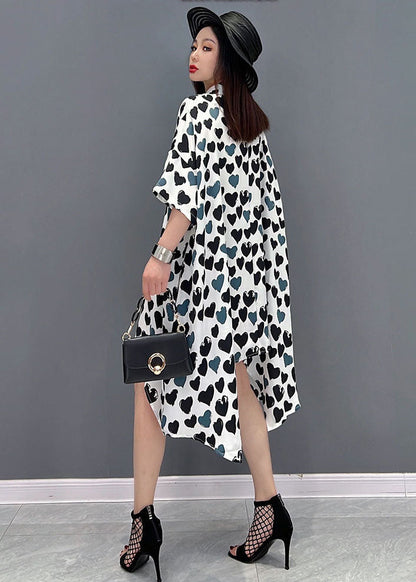 French Grey Peter Pan Collar Asymmetrical Design Heart-shaped Print Chiffon Shirt Dress Short Sleeve