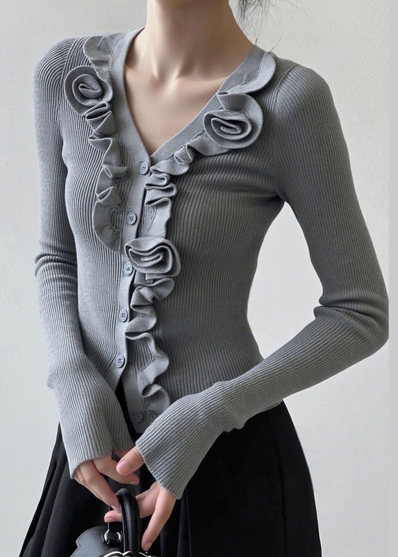 French Grey Ruffled Patchwork Knit Short Sweater Spring