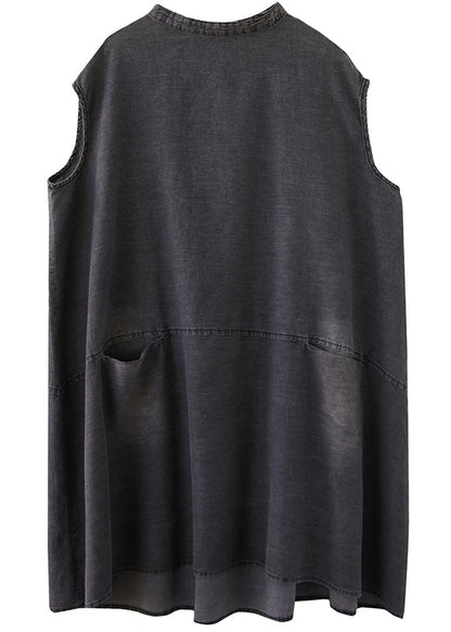 French Grey Stand Collar Pockets Cotton Denim Dress Sleeveless