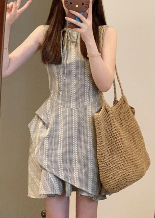 French Grey Striped Lace Up Cotton Mini Dress Sleeveless