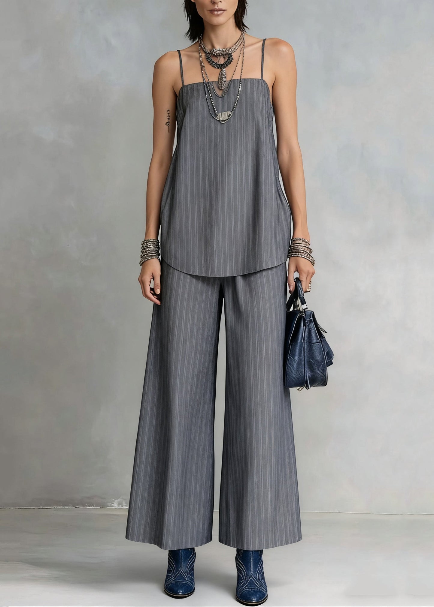 French Grey Striped Spaghetti Strap Tank and Wide Leg Pants Cotton Two Pieces Set Sleeveless