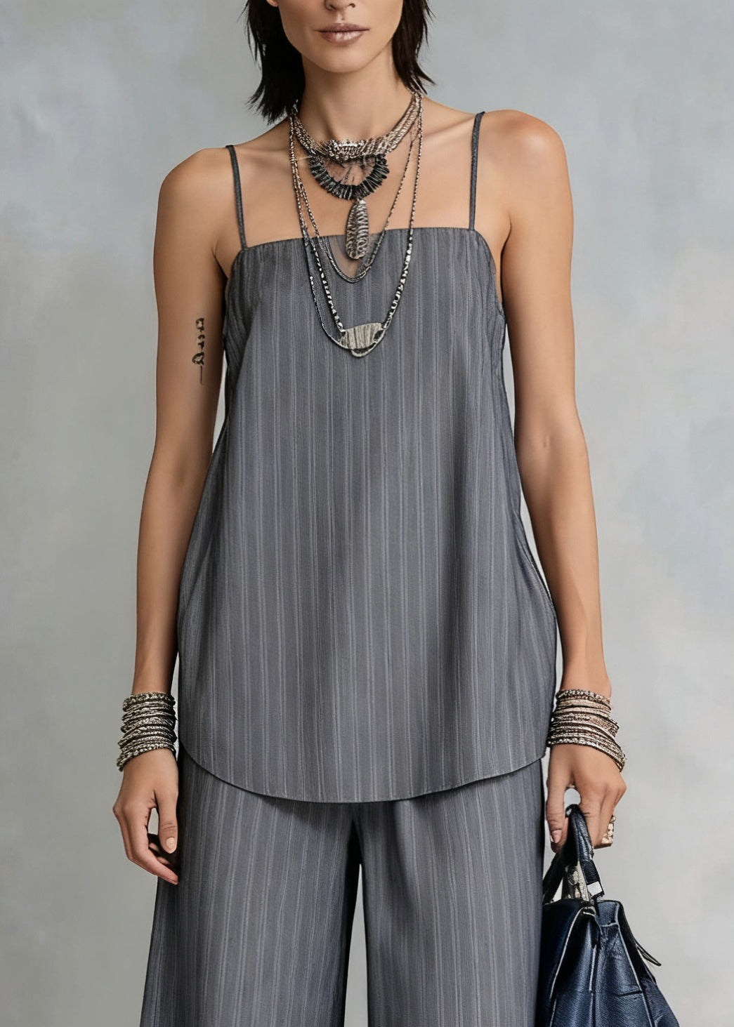 French Grey Striped Spaghetti Strap Tank and Wide Leg Pants Cotton Two Pieces Set Sleeveless