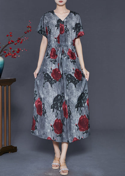 French Grey Tie Dye Cotton Cinched Dress Summer
