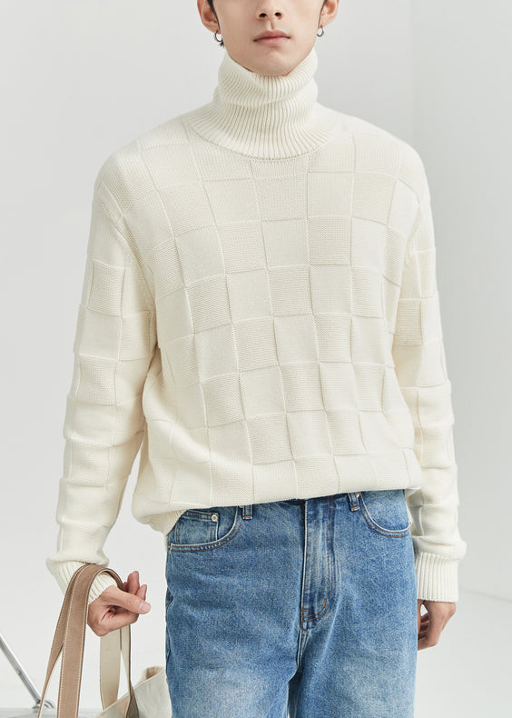 French Grey Turtleneck Plaid Knit Sweater Tops Fall
