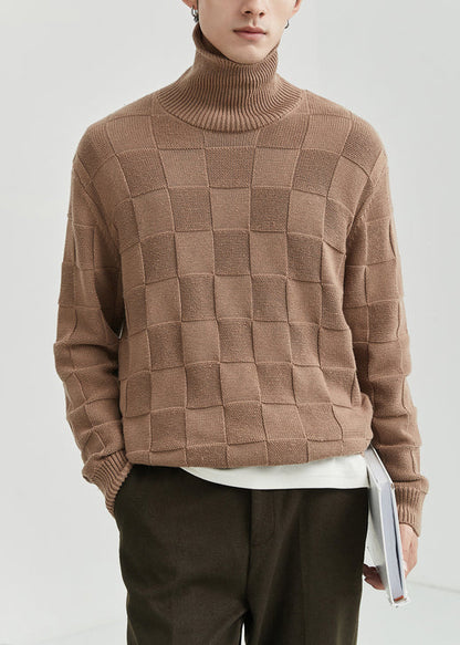 French Grey Turtleneck Plaid Knit Sweater Tops Fall