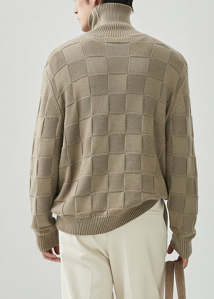 French Grey Turtleneck Plaid Knit Sweater Tops Fall