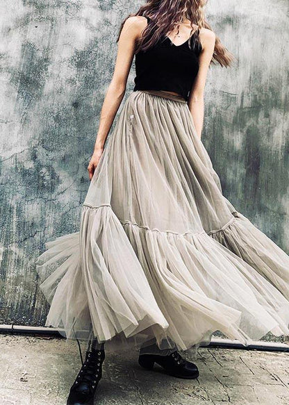 French Grey Zippered Retro Mid Length Mesh Skirt