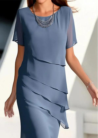 French Khaki O-neck Layered Chiffon Maxi Dresses Short Sleeve