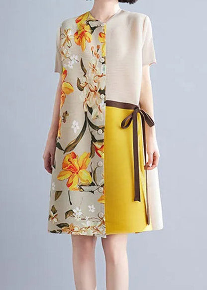 French Khaki O-neck Print Patchwork Wrinkled Tie Waist Mid Dresses Summer