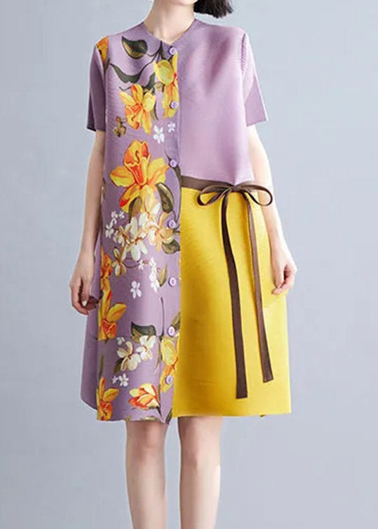 French Khaki O-neck Print Patchwork Wrinkled Tie Waist Mid Dresses Summer