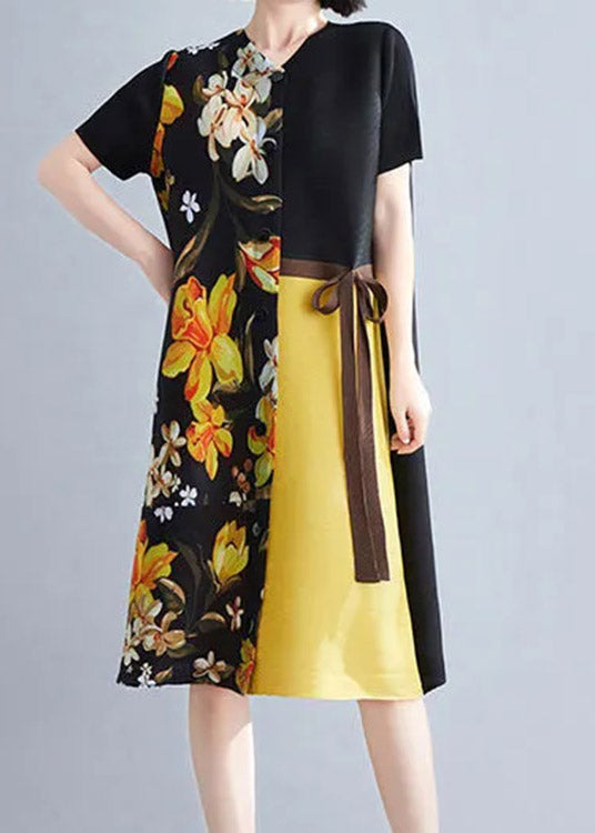 French Khaki O-neck Print Patchwork Wrinkled Tie Waist Mid Dresses Summer