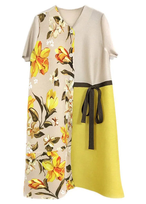 French Khaki O-neck Print Patchwork Wrinkled Tie Waist Mid Dresses Summer