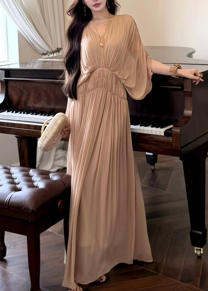 French Khaki Oversized Chiffon Robe Dresses Batwing Sleeve