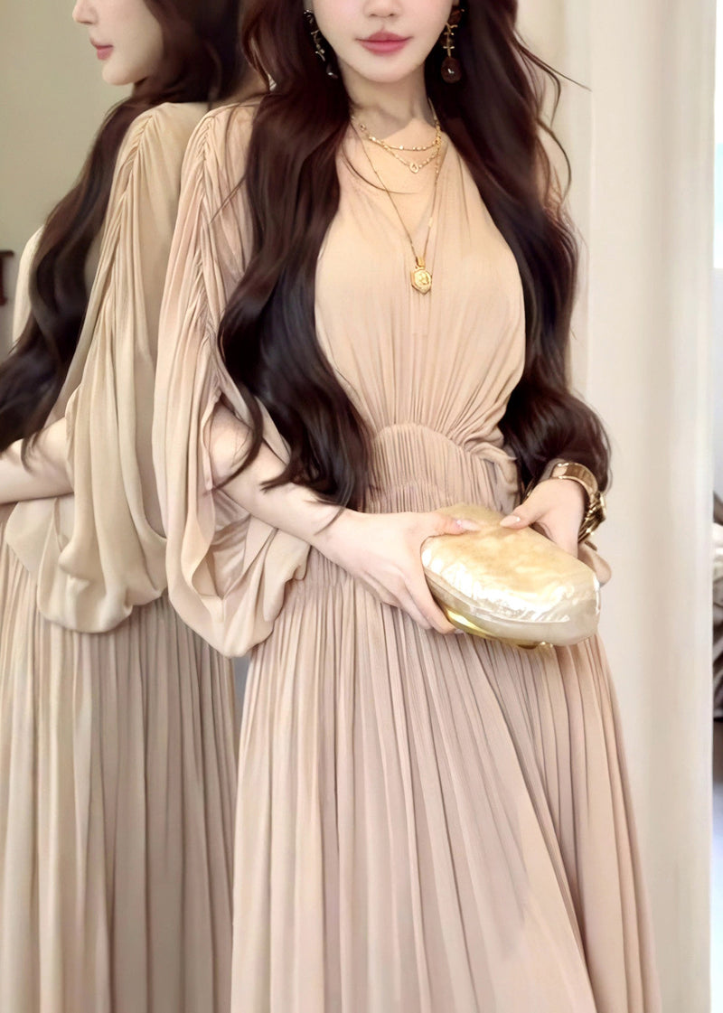 French Khaki Oversized Chiffon Robe Dresses Batwing Sleeve
