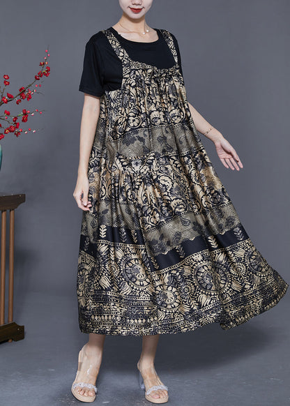 French Khaki Oversized Print Exra Large Hem Silk Summer Dress