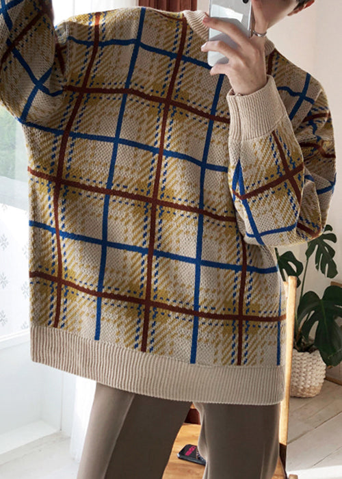 French Khaki Plaid Cozy Knit Sweater Spring
