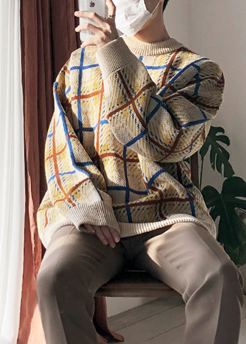 French Khaki Plaid Cozy Knit Sweater Spring
