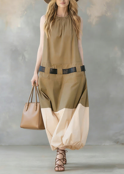 French Khaki Pockets Patchwork Cotton Dress Sleeveless
